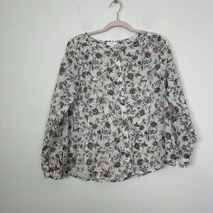 J. Jill Long Sleeve Semi Sheer Floral Button Down Gauze Material White Small